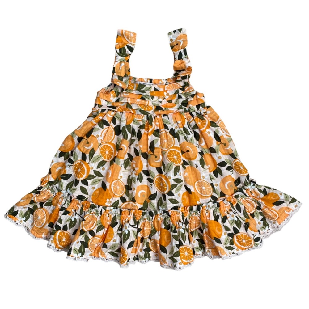 NEW SINCERELY JULES Eyelet Orange Citrus Print Smocked Tiered Dress Toddler 18M - Picture 3 of 11